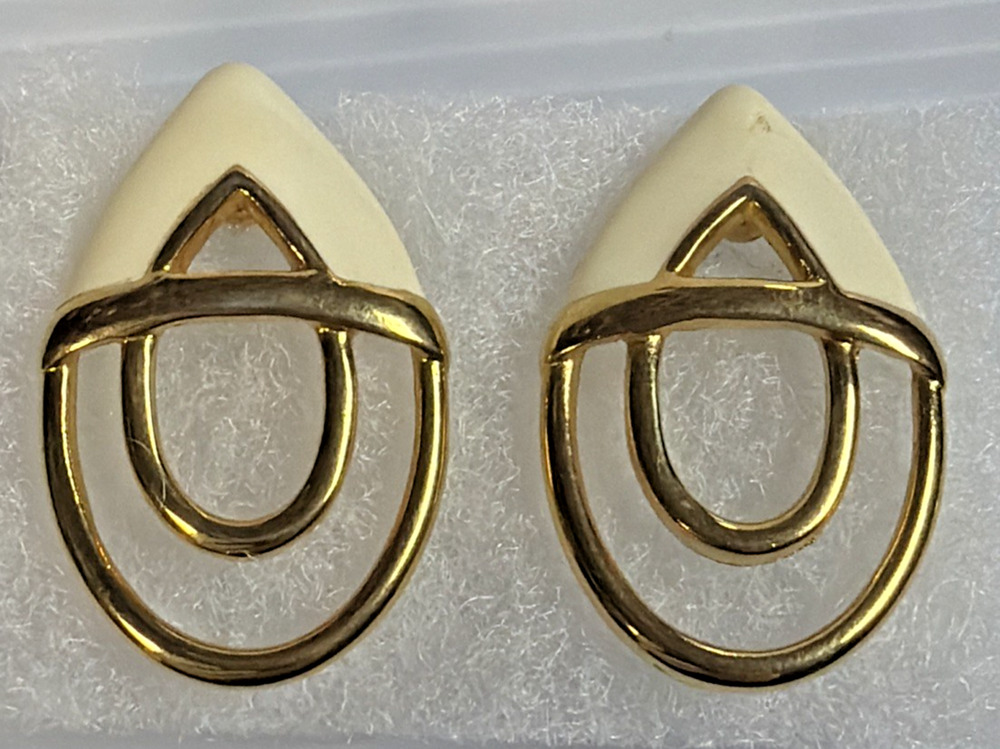Vintage Monet Enamel Gold Tone Modernist Post Earrings White Geometric Large